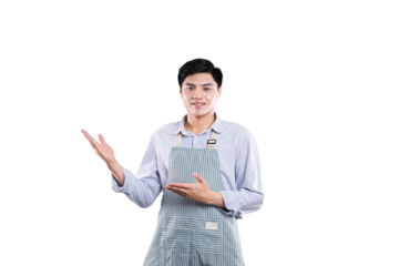 Polished Presentation: An engaging young professional with a warm smile, dressed in an apron, gestures gracefully, inviting viewers into a scene, promising quality, service, and excellence.