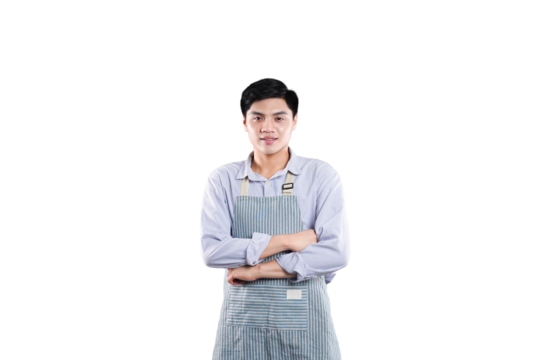 Confident Aproned Professional: A poised individual stands confidently, arms crossed, sporting an apron and an approachable gaze, conveying professionalism and approachability.