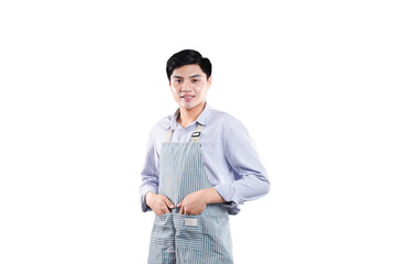 Confident Man in Apron: A well-groomed individual, dressed in a light-colored dress shirt and...