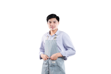 Confident Man in Apron: A well-groomed individual, dressed in a light-colored dress shirt and apron, embodies professionalism and dedication as he gazes directly at the camera.