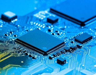 A detailed view of a blue computer circuit board