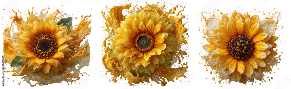 Poster three vibrant sunflowers burst with yellow and gold liquid splashes, creating dynamic abstract compo