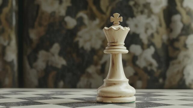 Lonely king chess piece isolated on a checkered board.