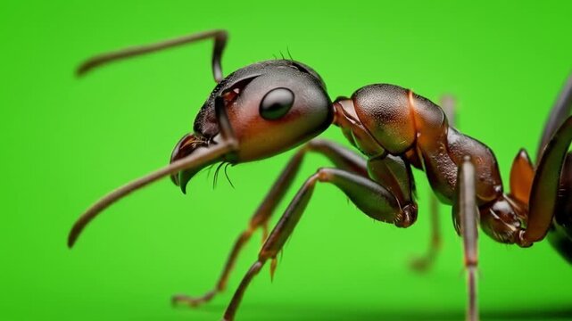 Close-up of an ant on a green screen