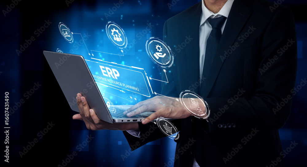 Aufkleber erp platform visual showing centralized system for enterprise resource planning, improving integrati