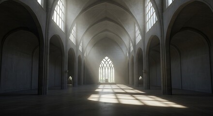 Fototapeta premium Interior view of a large, empty cathedral with light streaming through arched windows, creating shadows on the floor.