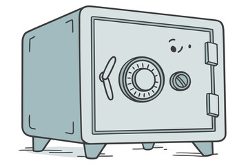a photo of a stylized, cartoon-like safe in a light blue color, with a large metallic dial and a simple, minimalist design