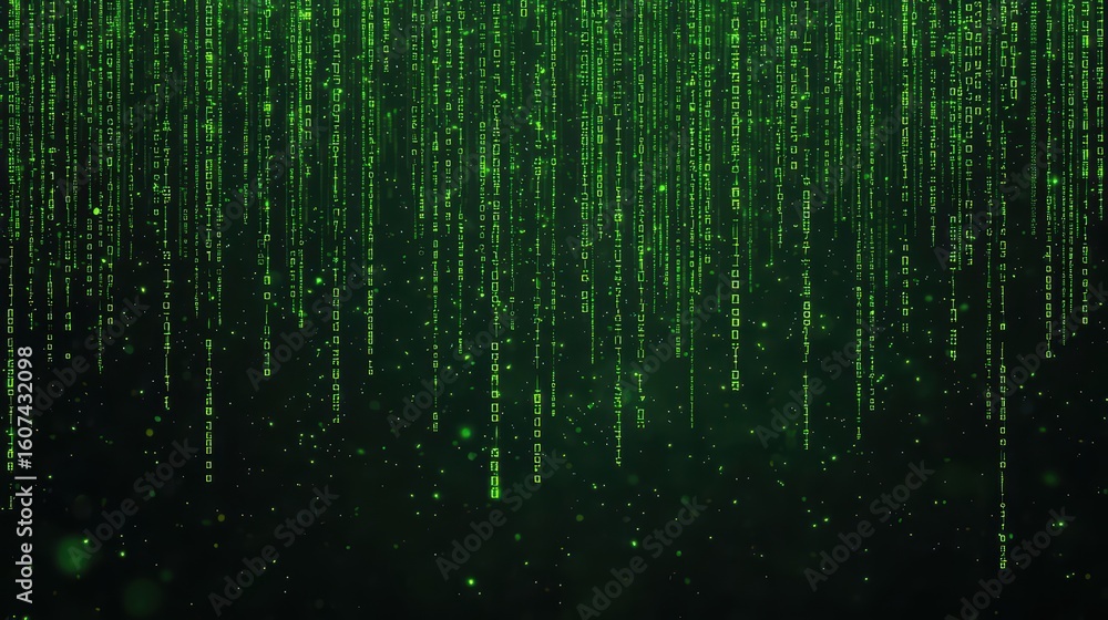 Poster green matrix code background with digital rain effect