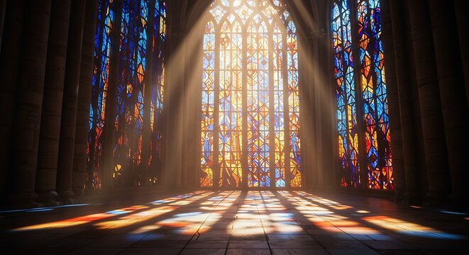 Sunlight streams through a large stained glass window in a cathedral, casting colorful light patterns on the floor.