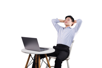 Man Relaxing by Laptop: A relaxed man sitting in a chair, with a laptop, enjoying a moment of peace and tranquility, a serene and focused business scene.