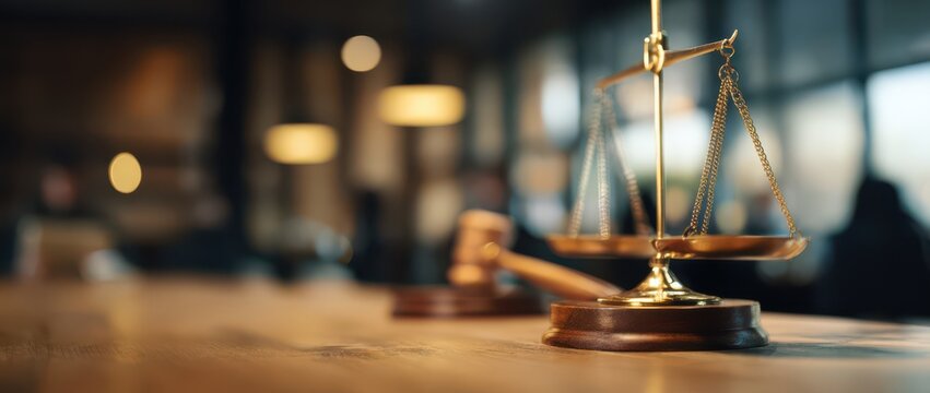 Gavel and wooden scales of justice on a desk in an office with a blurred background