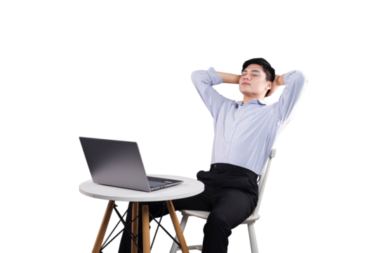 Man Relaxing by Laptop: A relaxed man sitting in a chair, with a laptop, enjoying a moment of peace and tranquility, a serene and focused business scene.