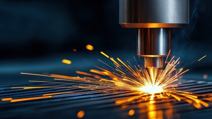 Laser Cutting Process with Sparks and Metalwork Detail