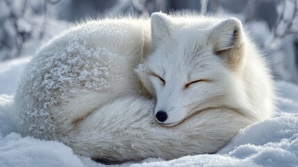 Obraz premium White fox curled in snowy nap