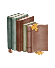 Watercolor illustration of hardcover books in earthy browns and greens, decorated with autumn oak leaves and acorn. for seasonal DIY projects, scrapbooking, journals, bookmarks, invitations