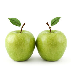 A studio shot features two perfectly ripe green apples each with a stem and a small green leaf presented on a white surface
