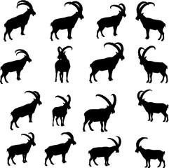A collection of sixteen silhouette illustrations depicting various poses of wild goats or ibexes, each with prominent curved horns.
