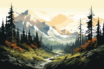  mountains and river landscape scene vector and illustration