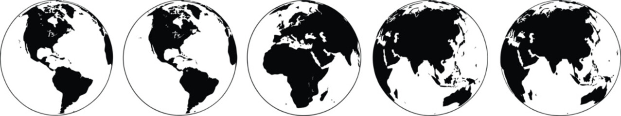 Five oval world maps in silhouette