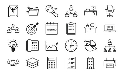Office and Business Icon Bundle 24 Line Style Work Icons Office Tools, Meeting, Chart, Communication, Desk, Team, Planning Icons 