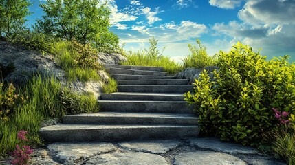 Serene stone stairway winding through lush greenery, leading upward against a vibrant blue sky with soft white clouds and rocky landscape
