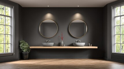 Modern bathroom interior with dark gray walls and wooden vanity.