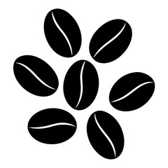 A cluster of seven black coffee beans arranged in a circular pattern on white