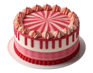 Elegant pink cake with cream decorations on a white plate