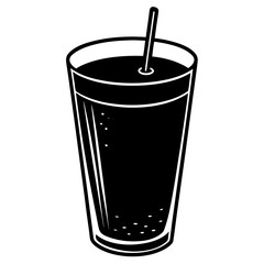 A tall glass of dark soda with bubbles and a straw