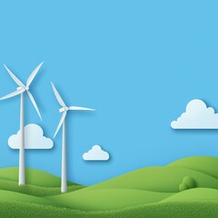 Obraz premium Green Hills and Wind Turbines Under Blue Sky Illustration