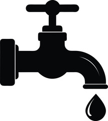 Black silhouette of a water tap with a water drop