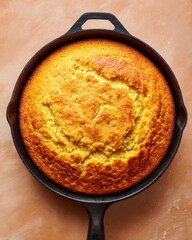 Traditional American Cornbread in Cast Iron Skillet – Minimalist Top-Down Image with Rustic Texture on Pastel Ochre Background, Ideal for Editorial Use