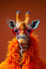 Portrait of a giraffe wearing a bright orange fluffy scarf and big pink heart-shaped glasses on a plain orange-brown background creating an eccentric and fashionable look