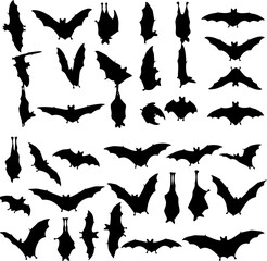 A collection of bat silhouettes in various poses, including flying, hanging upside down, and resting, displayed against a white background.