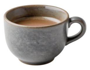 Close-up of a gray ceramic coffee cup filled with a light brown beverage