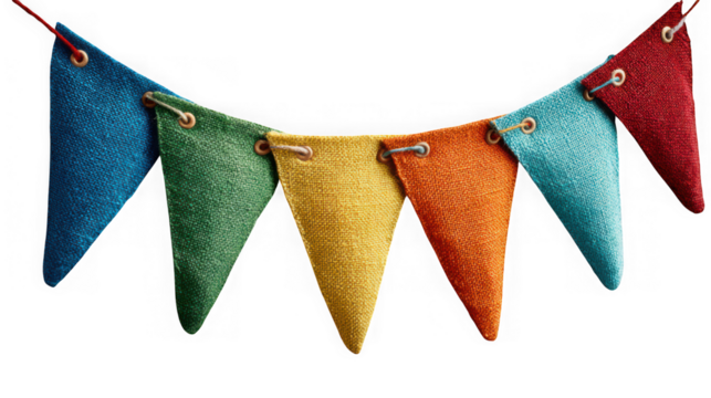 A festive string of colorful fabric flags in a triangular shape, decorating a transparent background