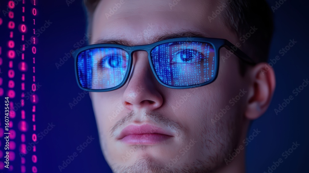 Aufkleber young man with glasses and digital binary code reflections
