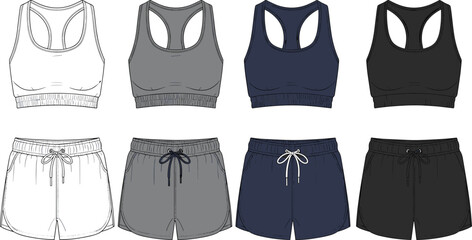 Sports bras and shorts set in white, gray, navy, and black, racerback design with elastic waistbands and drawstrings, activewear flatlay, top and bottom duo
