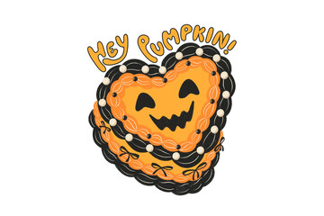Hey Pumpkin – Cute Halloween Heart Cake Illustration Sublimation Design isolated on transparent background