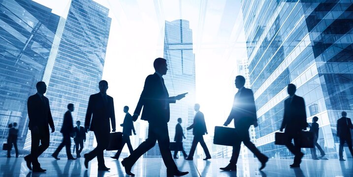 conceptual depiction of business professionals and financial sector employees, illustrating themes of human resources, enterprise resource planning (ERP), and digital transformation