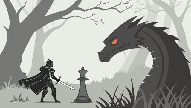 Fototapeta Knight versus dragon chess game fantasy illustration medieval battle scene black and white art vector image