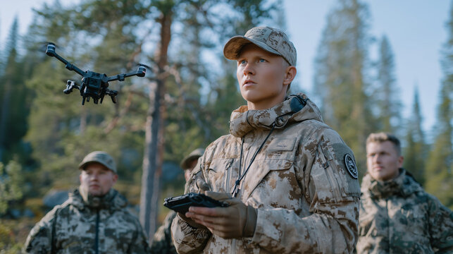 Training scenario in forest clearing, drone launched from soldier's hand, uniformed instructor supervises, students in camo watch carefully - Powered by Adobe