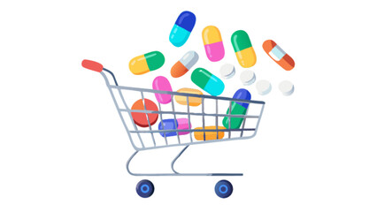 Shopping cart full of medication pills capsules tablets medicine pharmacy healthcare drugs prescription purchase