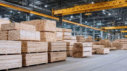 A massive indoor timber yard filled with bundled lumber stacks, yellow overhead crane system positioned above, ambient warehouse lighting creates soft shadows