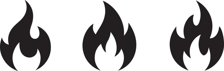 Three black stylized flame icons on white background fire symbol
