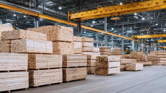 A massive indoor timber yard filled with bundled lumber stacks, yellow overhead crane system positioned above, ambient warehouse lighting creates soft shadows