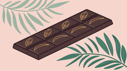 Dark chocolate bar with leaf and moon design surrounded by tropical leaves food and dessert illustration