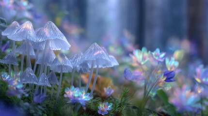 A dreamy surreal forest floor where psilocybin mushrooms sprout amid technicolor fog, fractal light patterns flickering across their caps, hinting at alternate realities
