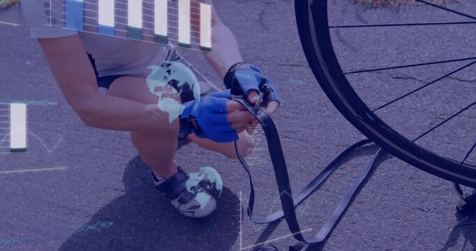 Cyclist stopping for flat tire on path kneeling repairing inner tube with patch kit continuing ride