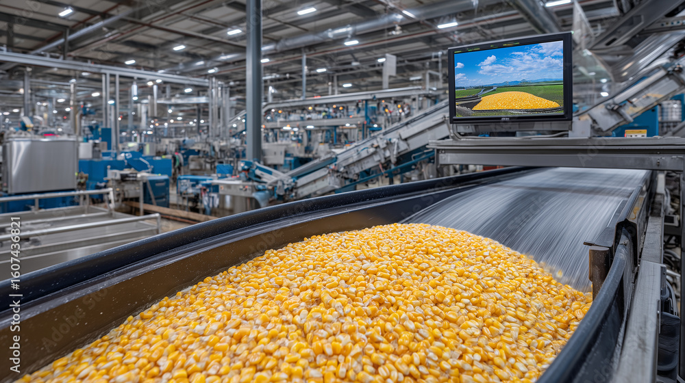 Aufkleber wide view of an automated grain processing plant, golden kernels flowing through vibrating metal chu